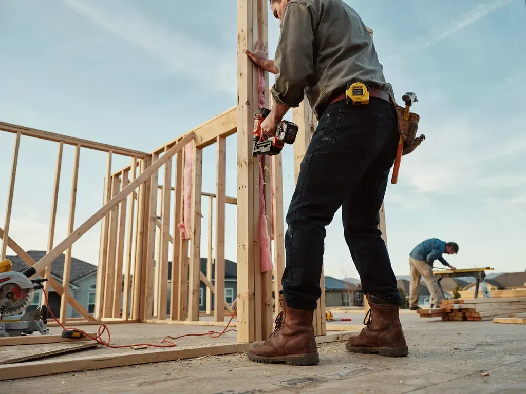 Construction workers framing a wooden house on a rooftop, with tools and lumber visible.