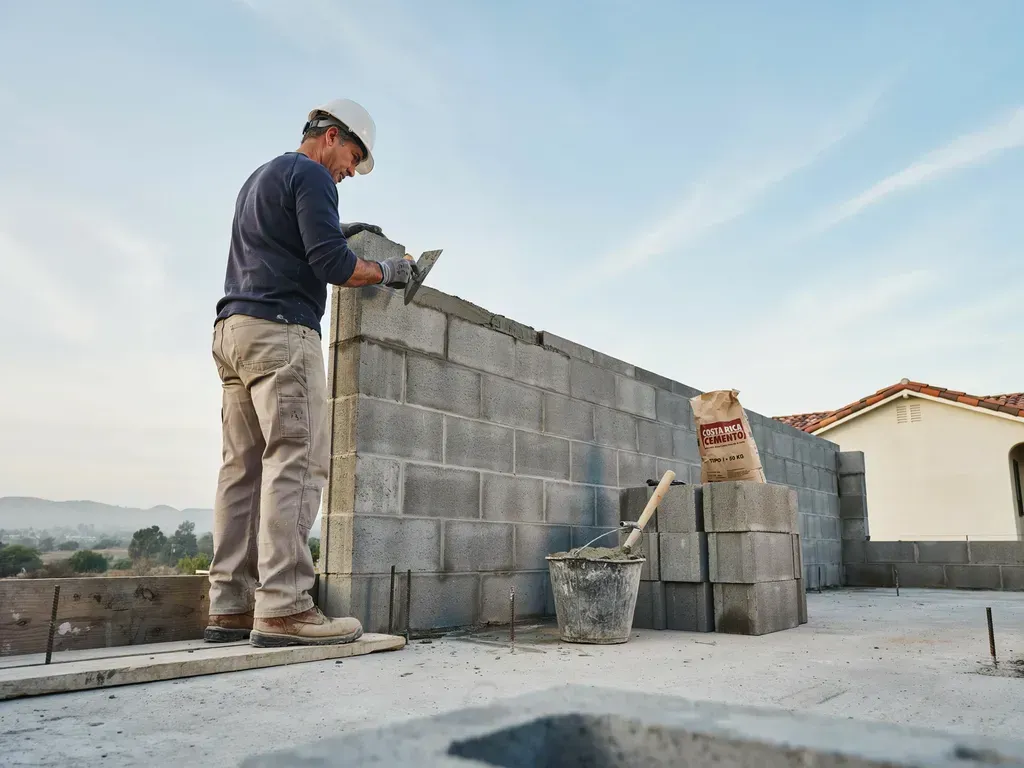 Worker laying cinder blocks on a wall at a construction site outdoors