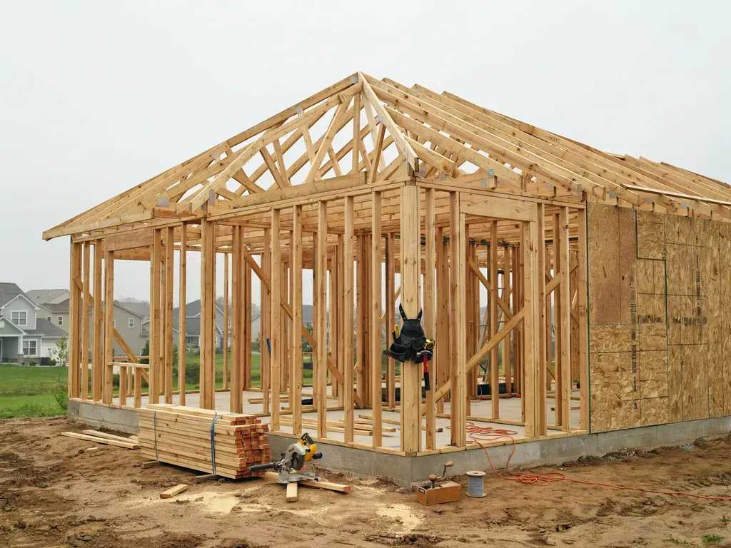 Framed house under construction with exposed wooden beams and a worker inside.
