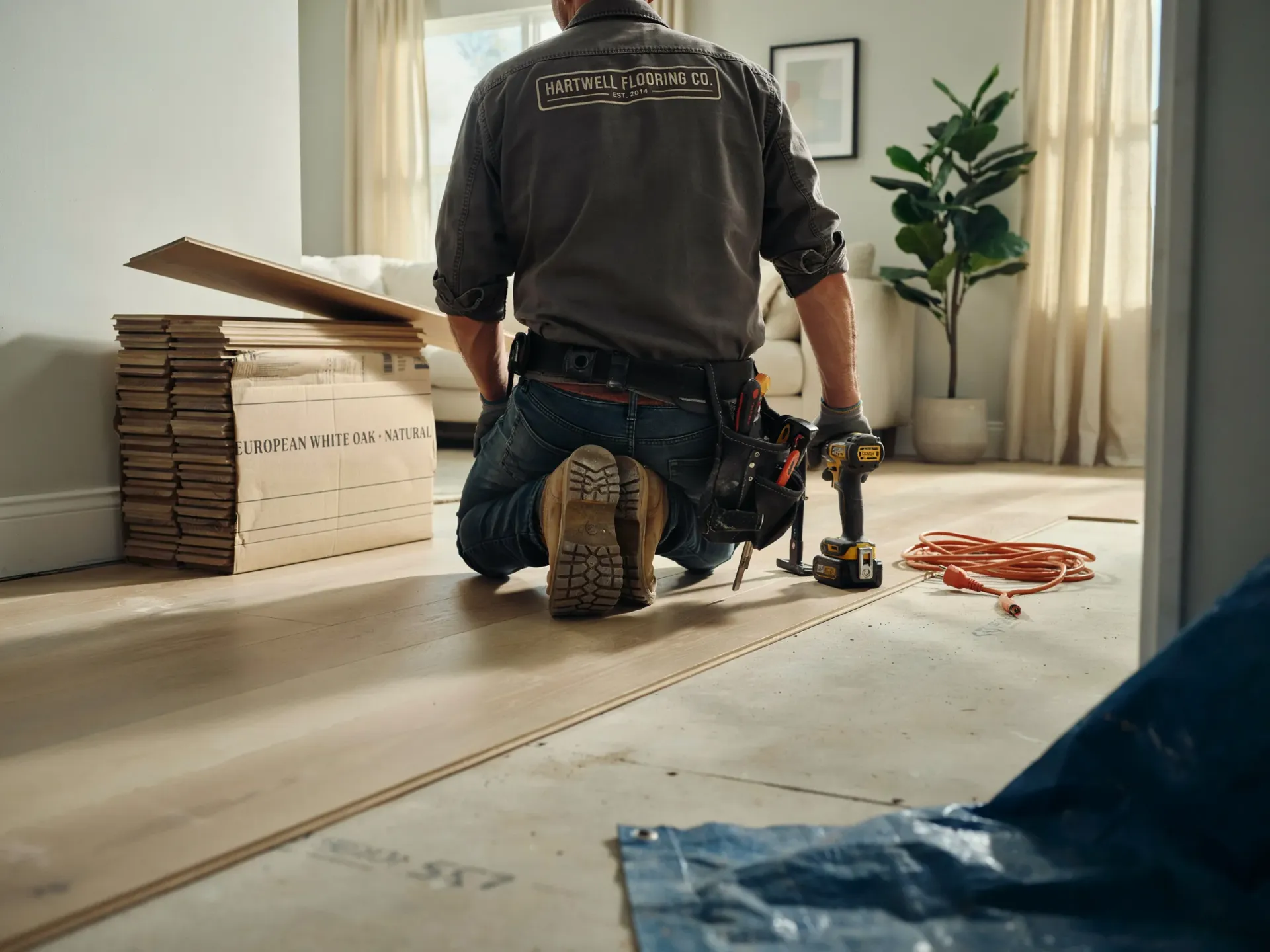 Person kneeling on a carpet, installing baseboard trim with a power tool in a room under renovation.