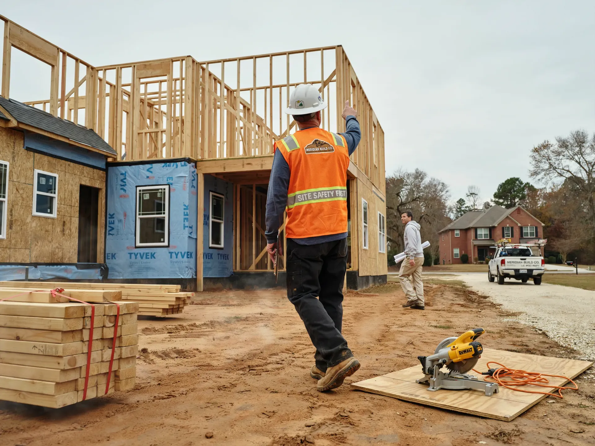 Construction worker in orange vest walking at a house build site with exposed wooden framing and tools.