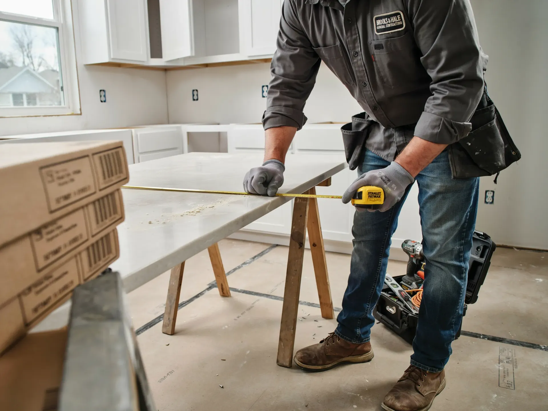 Worker measuring a tabletop with a tape measure in a bright workshop, with stacked boxes nearby.