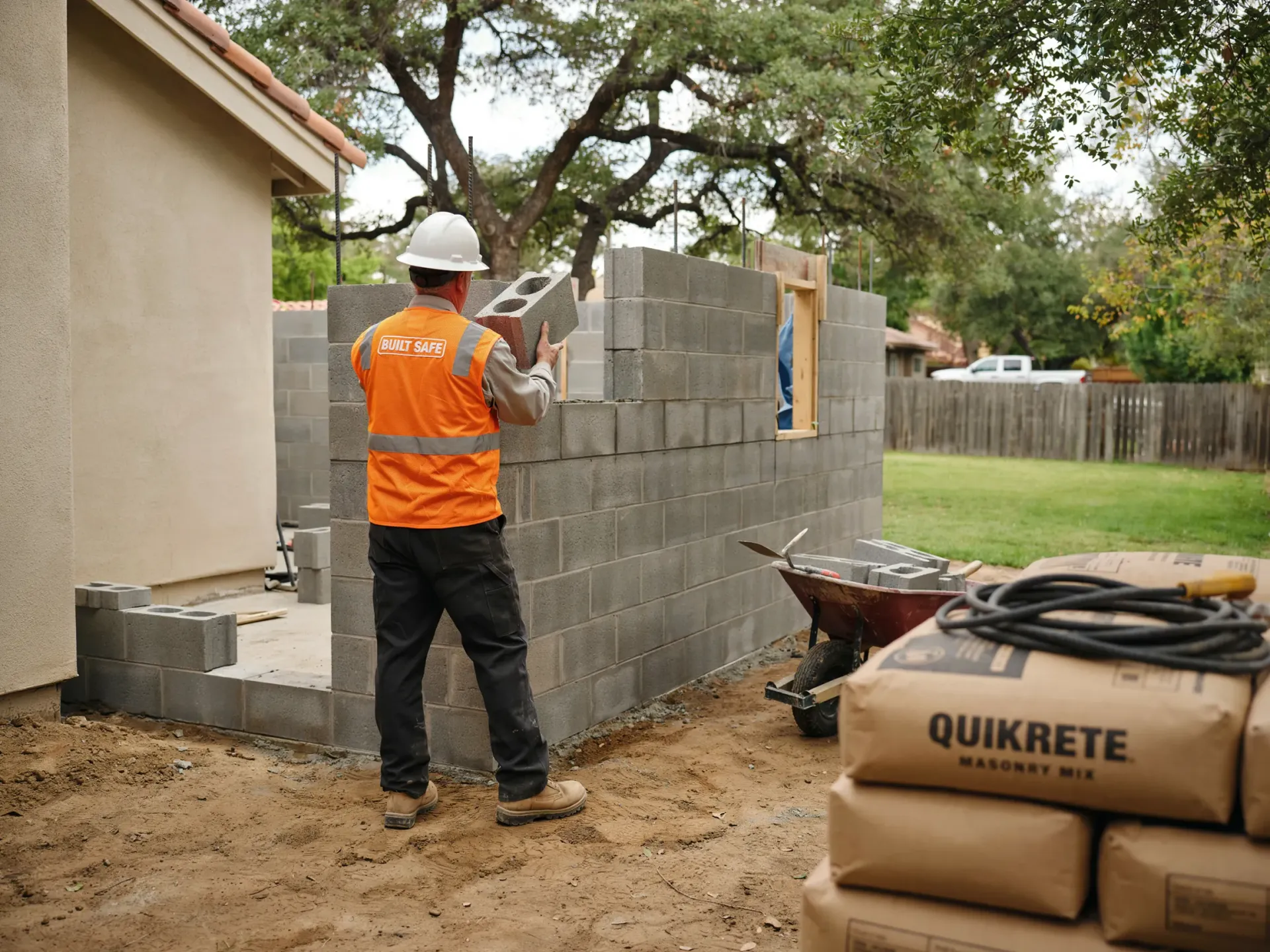 Worker in orange vest and hard hat building a cinder block wall beside a house, with Quikrete bags in foreground.