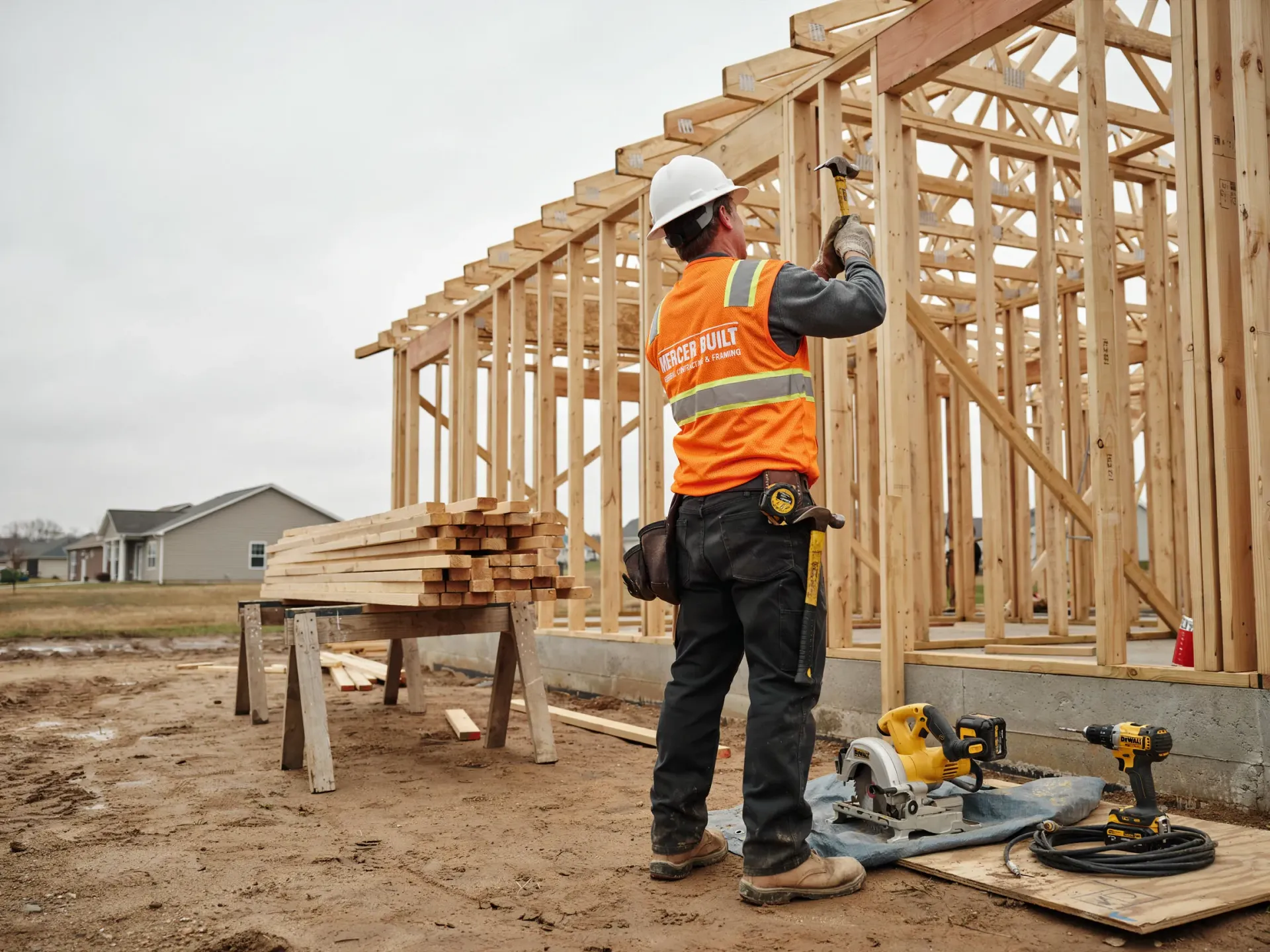 Construction worker in orange vest framing a wooden house at a building site