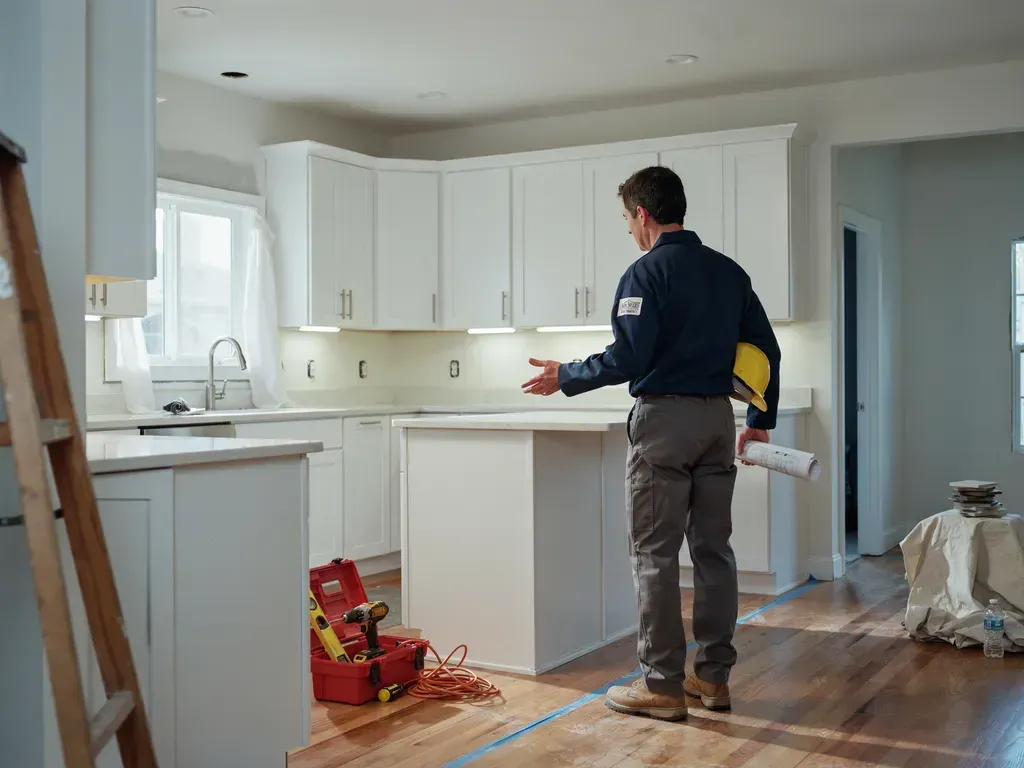 Worker in a white kitchen under renovation, standing by an island with tools and debris on the floor.