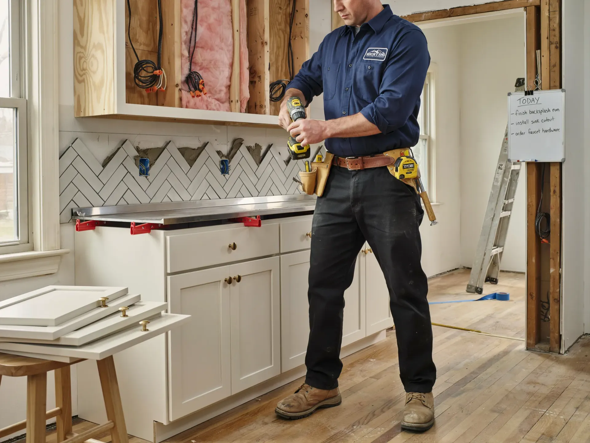 Worker installing kitchen cabinets in a partially renovated room, holding a power tool.