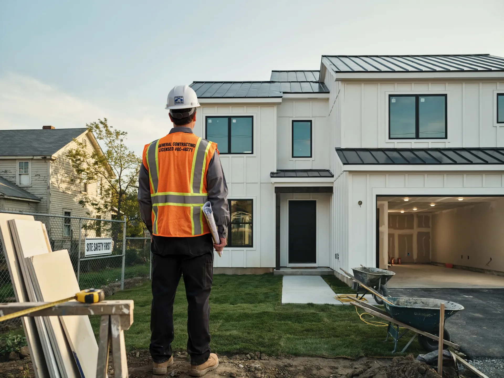 Construction worker in orange safety vest inspecting a new house exterior with garage and front lawn