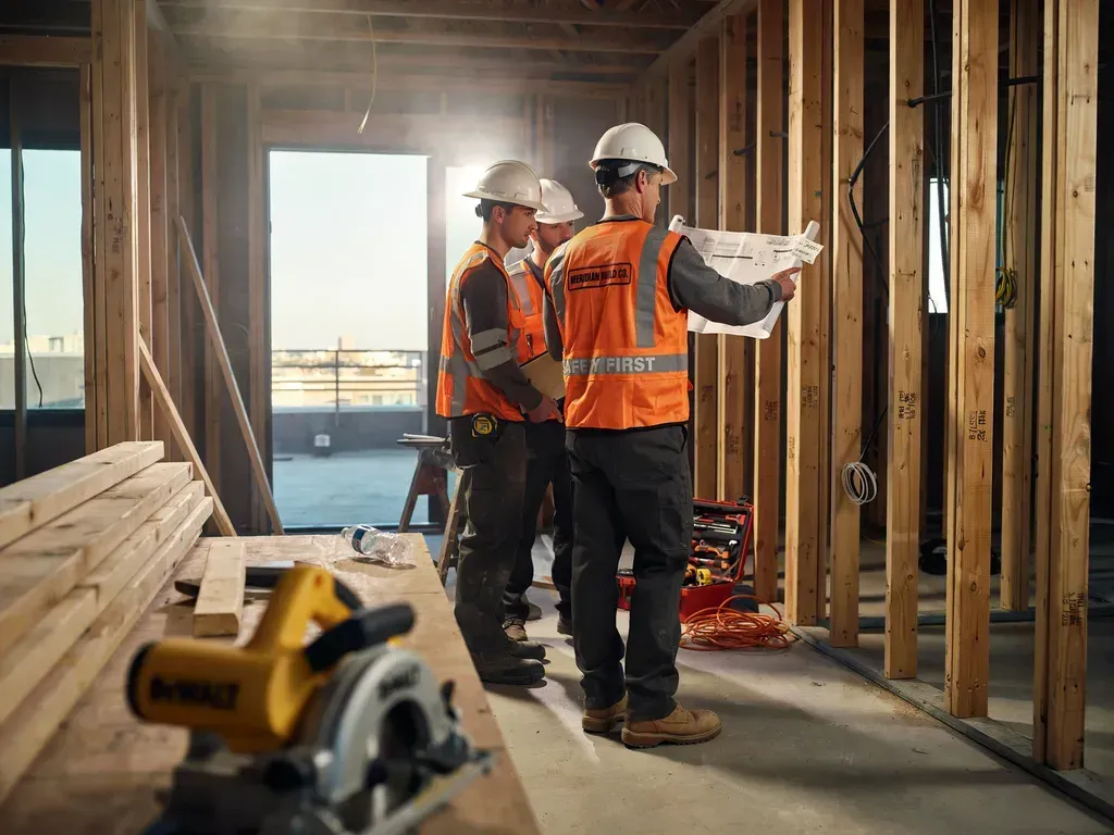 Two construction workers in orange vests inspect framing inside a house under construction.
