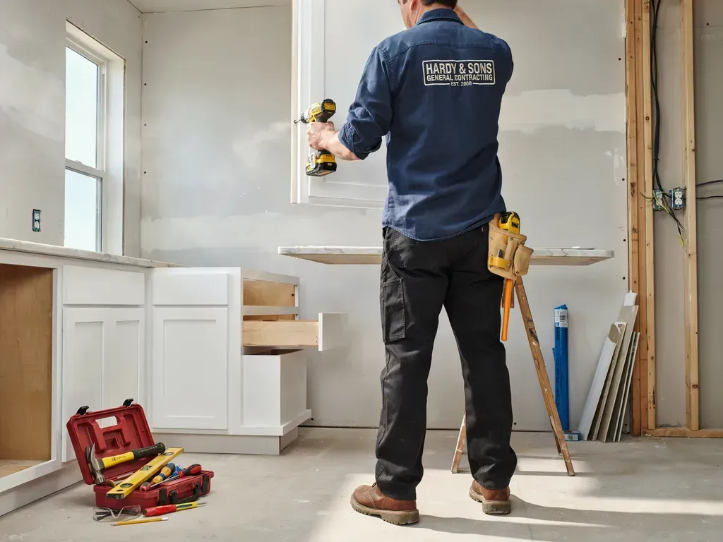Person in blue work shirt using a drill during home renovation in a partially finished room