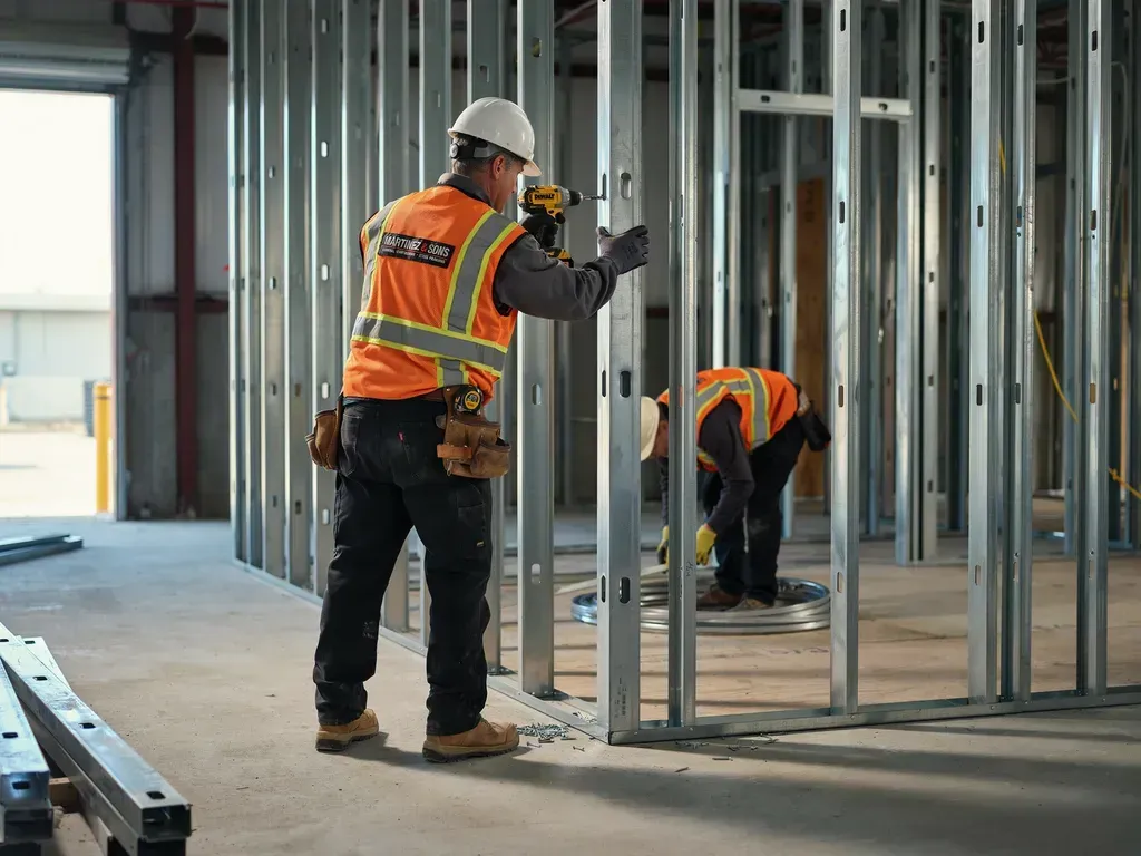 Construction workers framing interior walls in a building under construction