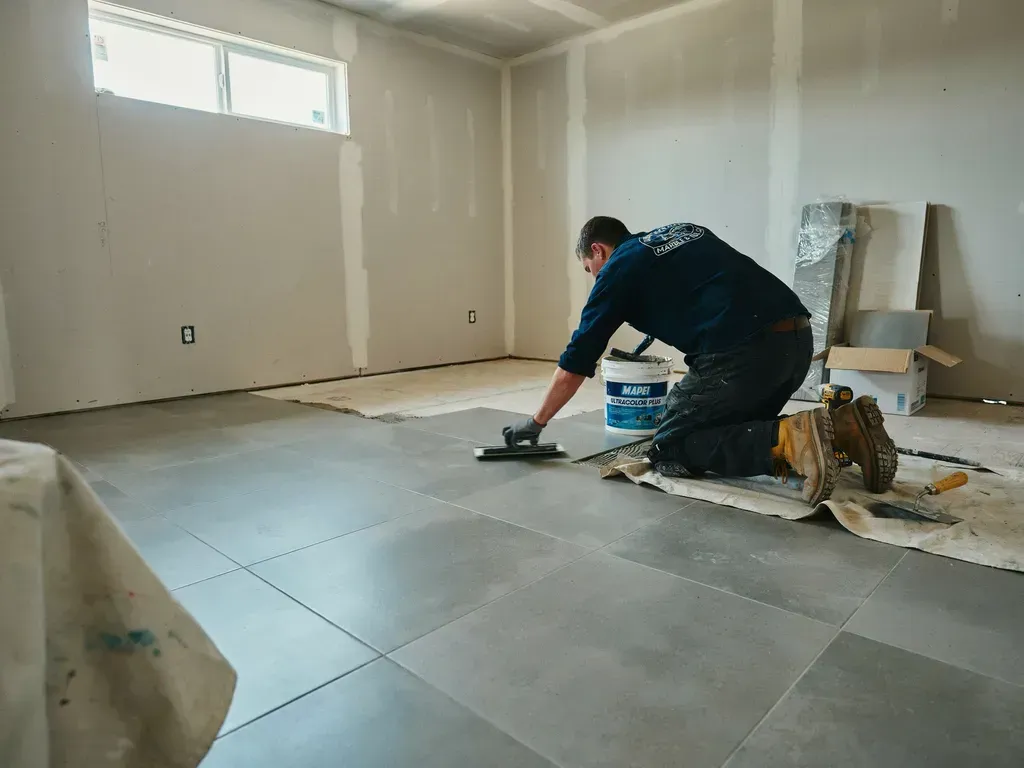 Worker installing large gray floor tiles in an unfinished room