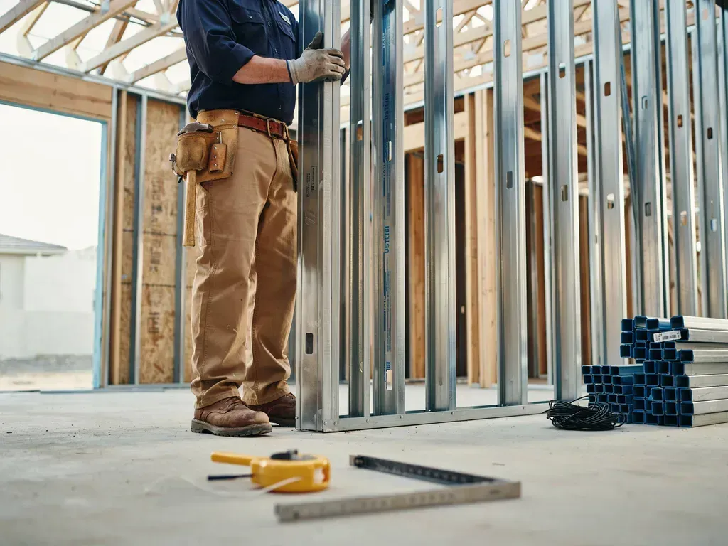 Construction worker framing a wall with metal studs in an unfinished room