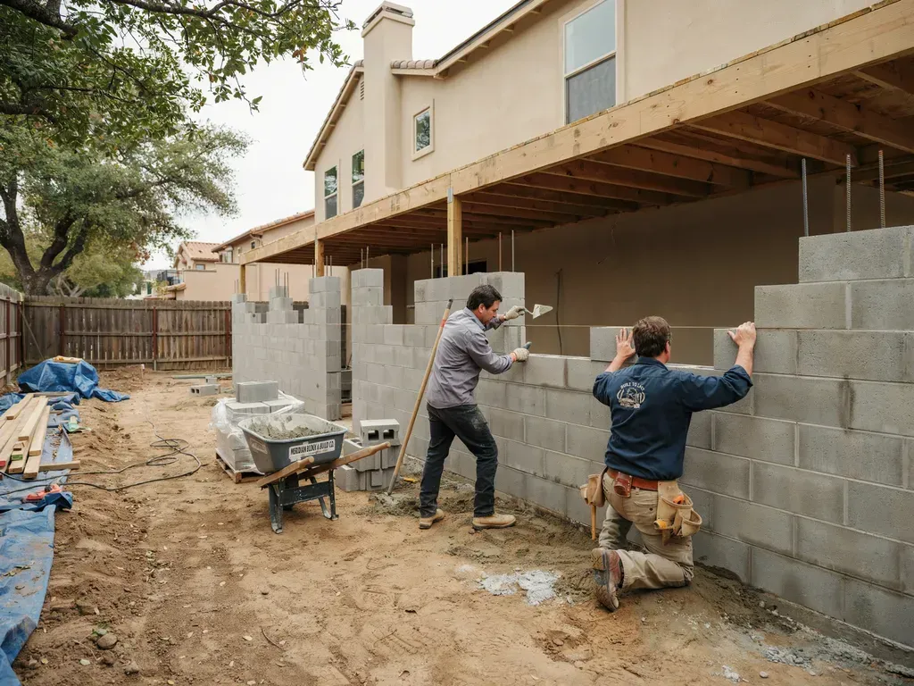 Workers building a cinder block wall beside a house in a muddy construction area