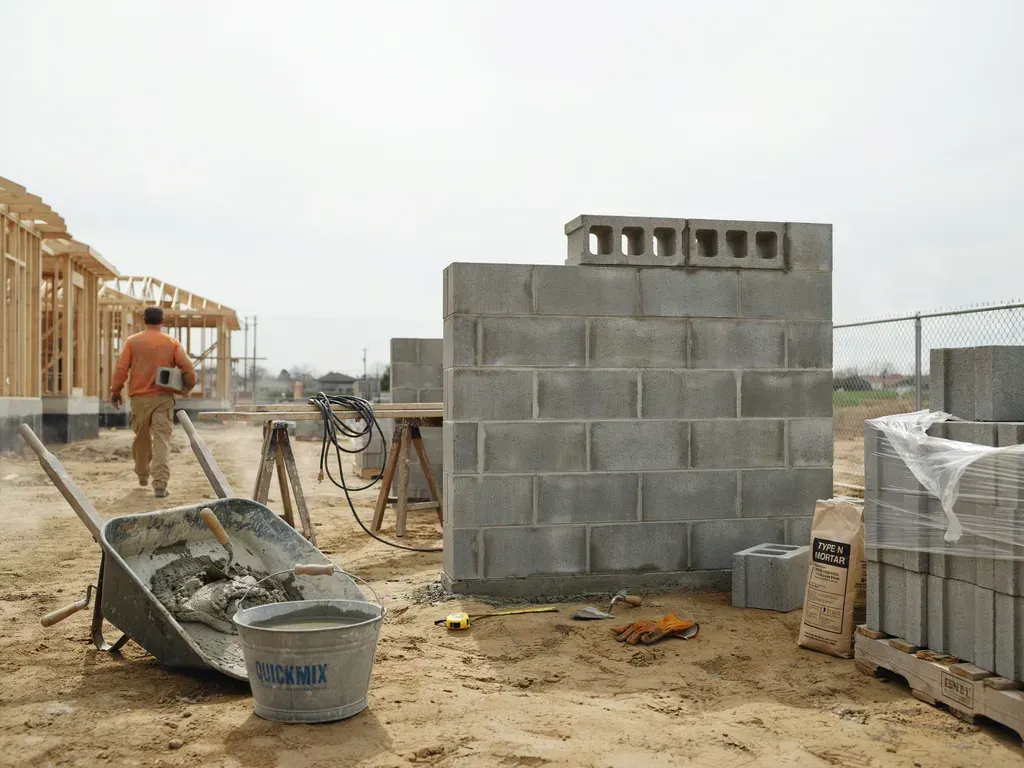 Construction site with workers, cinder block wall, wheelbarrow, and building materials on sandy ground