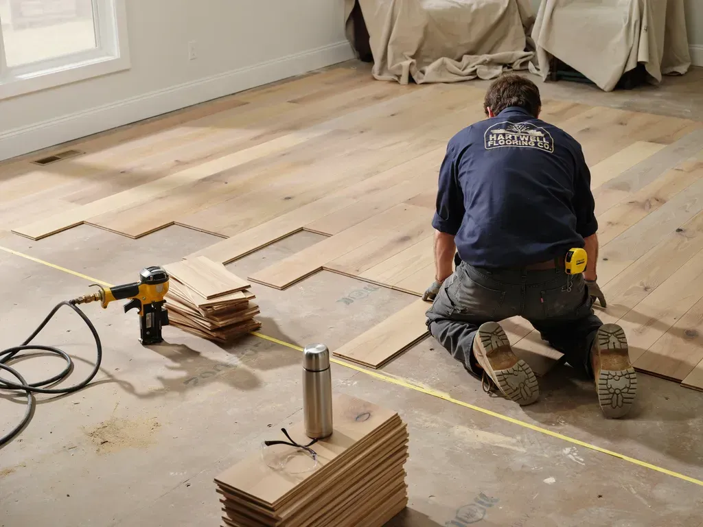 Worker laying hardwood flooring in a room, with tools and stacks of wood planks visible.