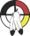Stylized white rabbit in front of a black, red, and white circular emblem