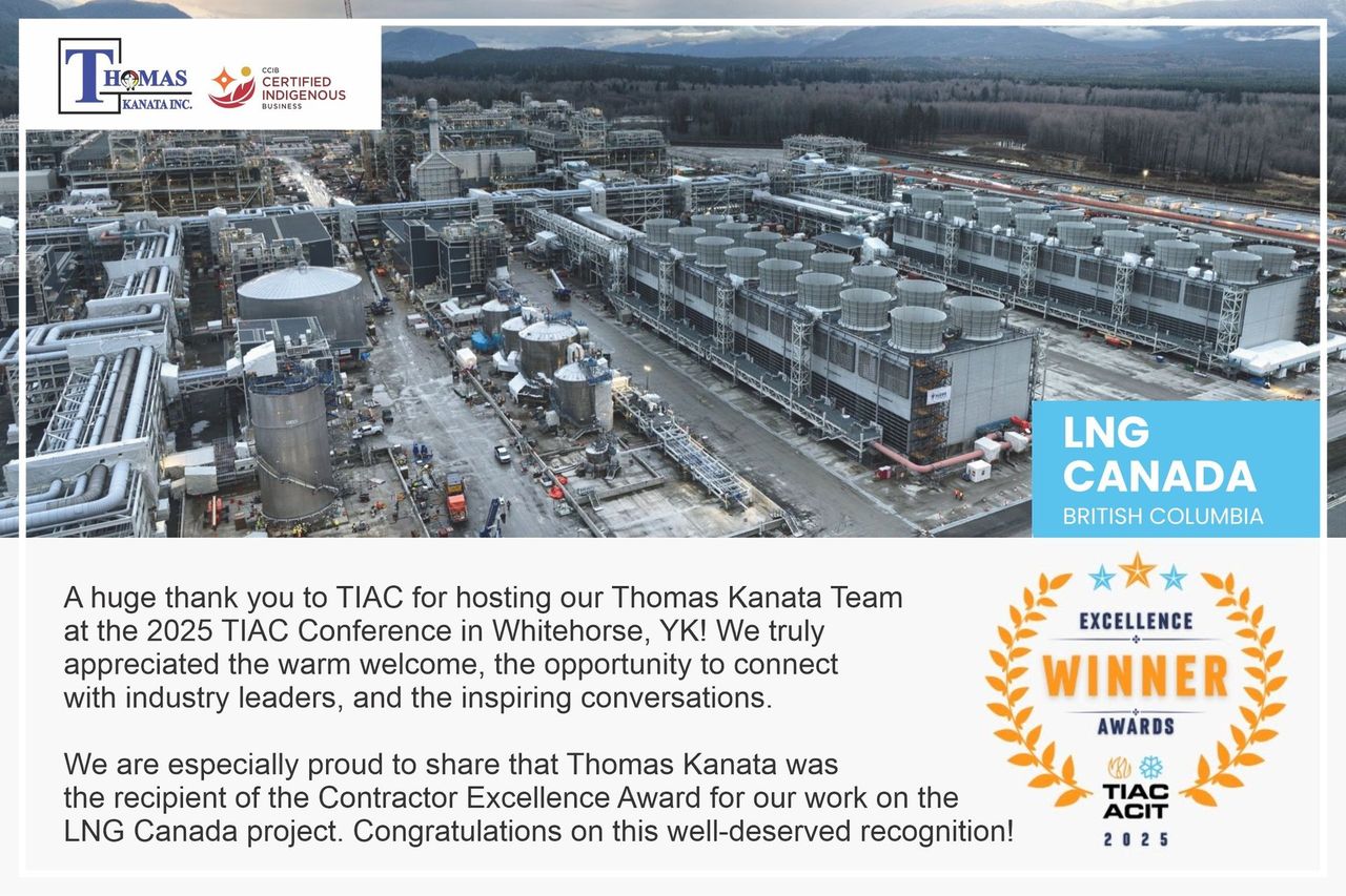 Aerial view of LNG Canada site with text thanking T.AT for supporting Thomas H.anna Team and charity donation.