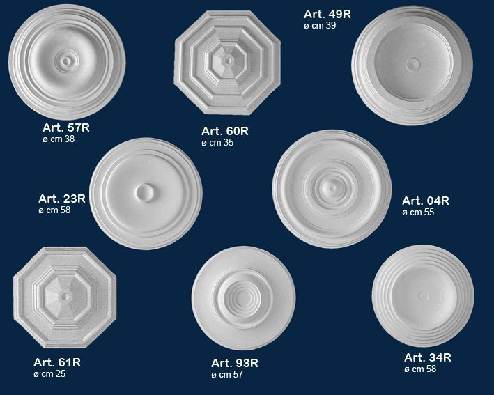Catalogo di rosoni decorativi bianchi per soffitto su sfondo blu, con indicazione del numero di articolo e delle dimensioni.