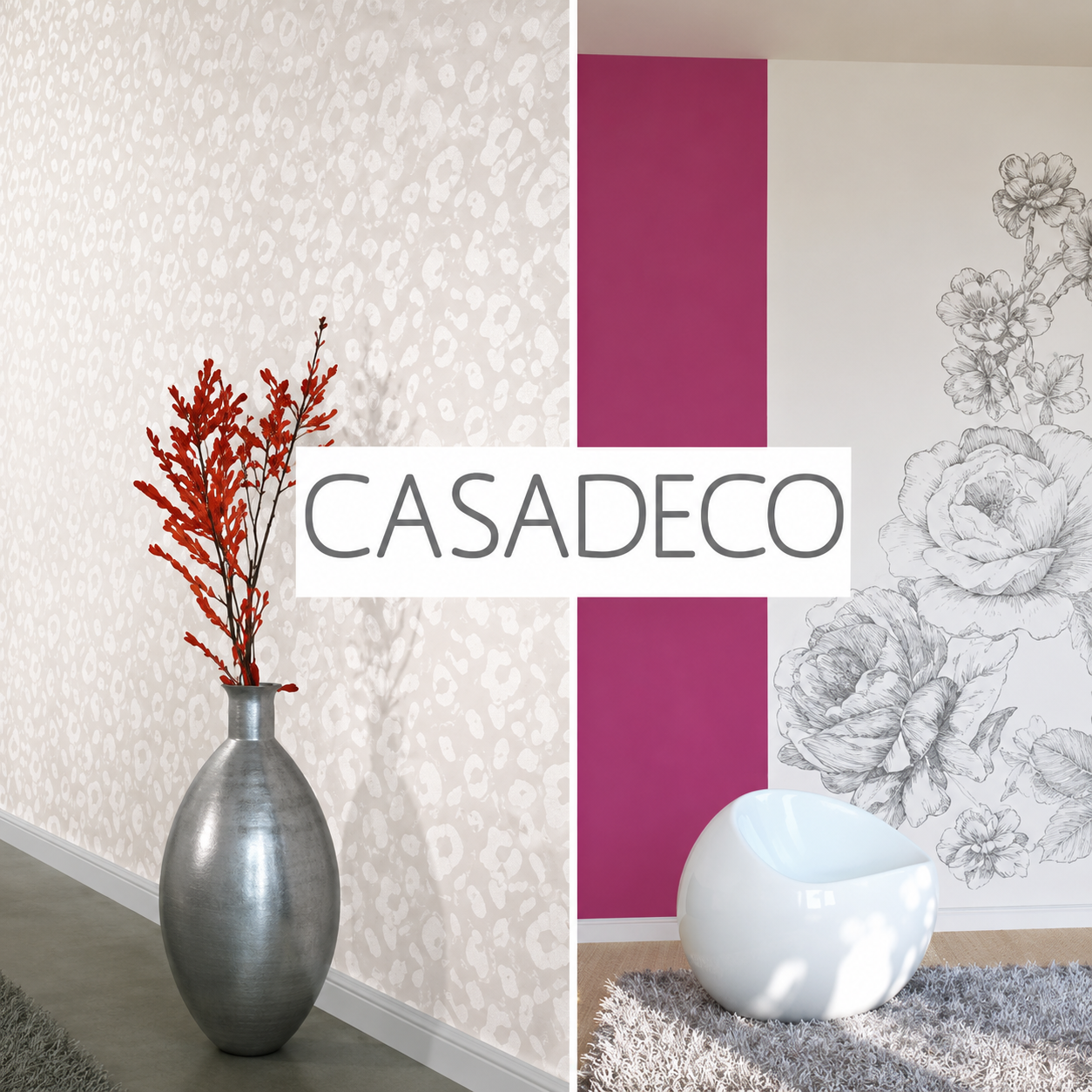 Interno moderno con carta da parati a motivi geometrici, vaso d'argento con rami rossi, parete d'accento rosa e logo Casadeco.
