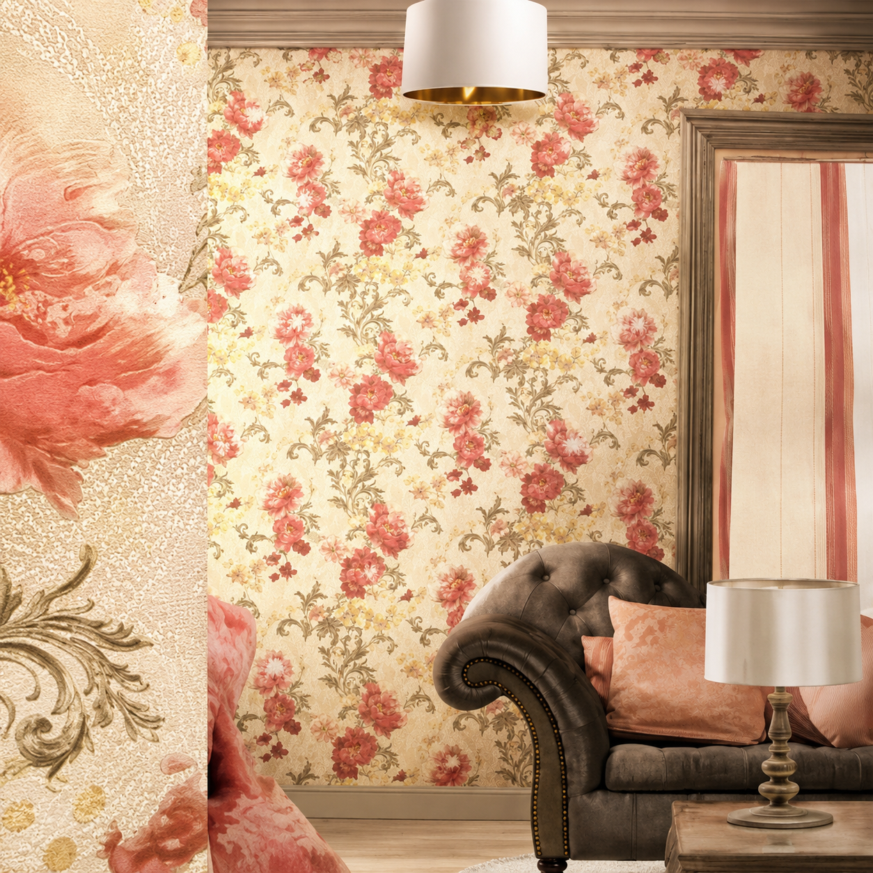 Stanza con carta da parati floreale vintage, poltrona marrone trapuntata, cuscini rosa e lampada da tavolo.