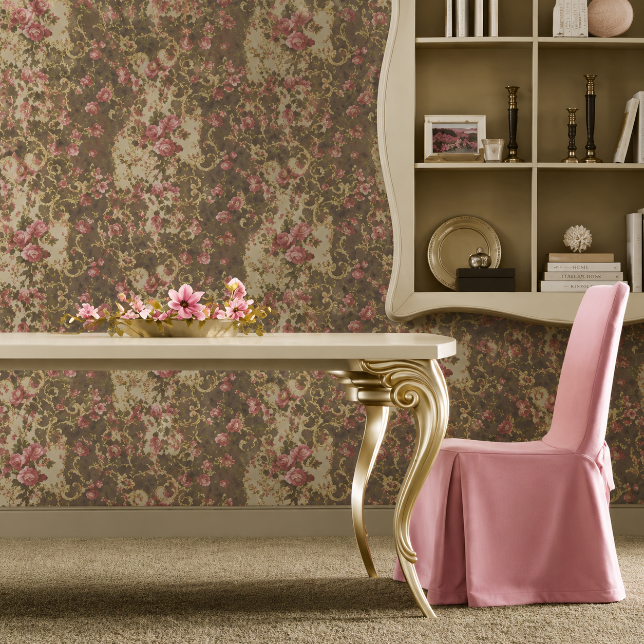 Elegante sala da pranzo con tavolo decorato, carta da parati floreale e una sedia rosa disposta accanto a una mensola.