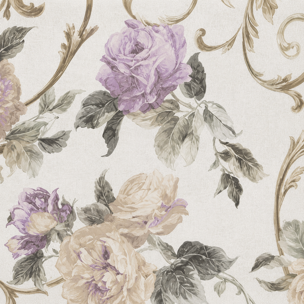 Carta da parati floreale con rose color lavanda, crema e oro su sfondo chiaro.