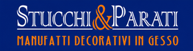 Logo for Stucchi & Parati with orange text on a blue background, reading “Manufatti decorativi in gesso”