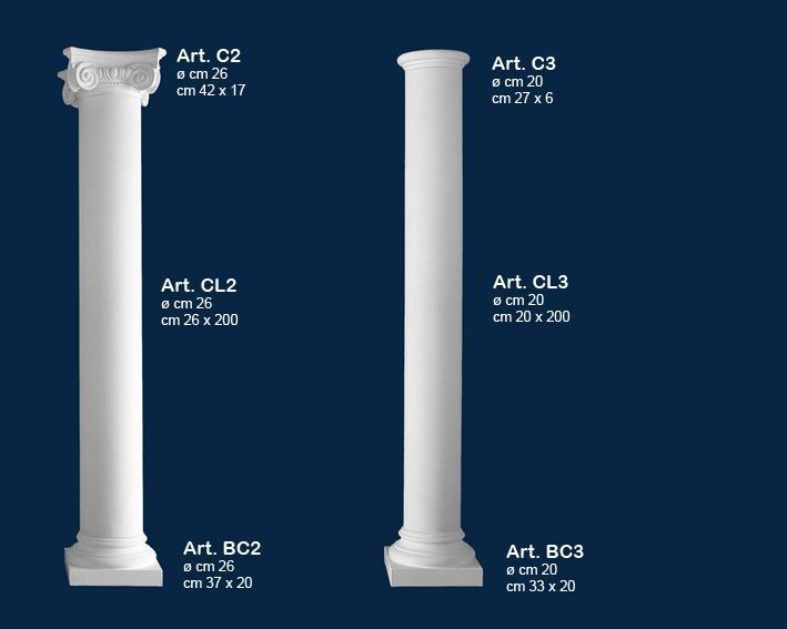 Due colonne decorative bianche su sfondo blu scuro, contrassegnate da diversi numeri di modello.
