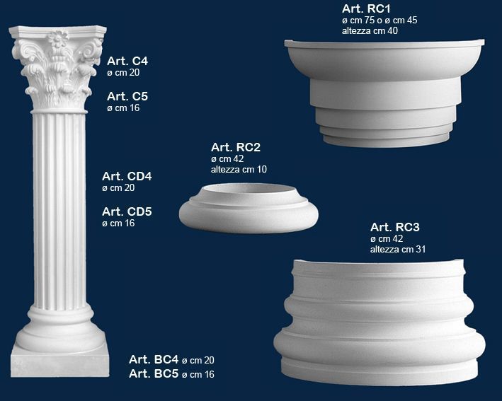 Colonna classica bianca e modanature architettoniche decorative, illustrate con i relativi codici articolo su sfondo blu.