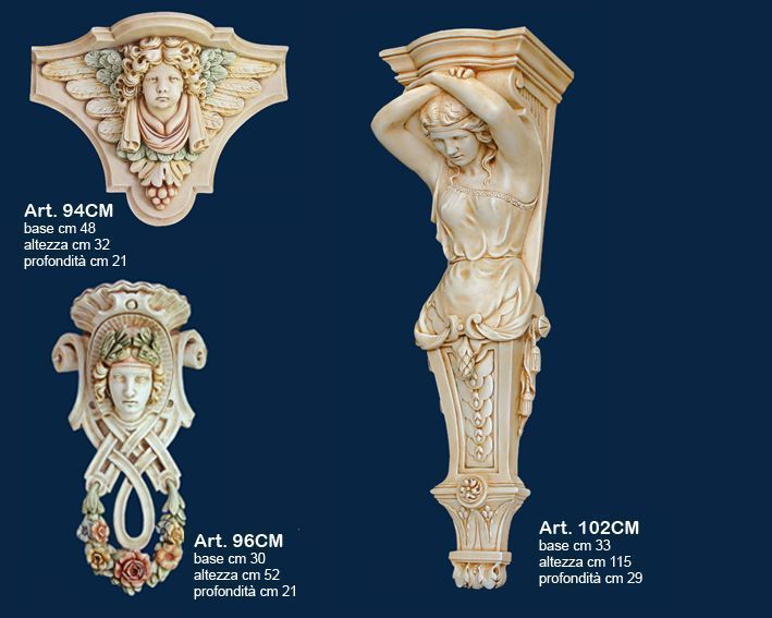 Mensole e supporti architettonici decorativi in ​​stile corinzio di colore beige su sfondo blu.