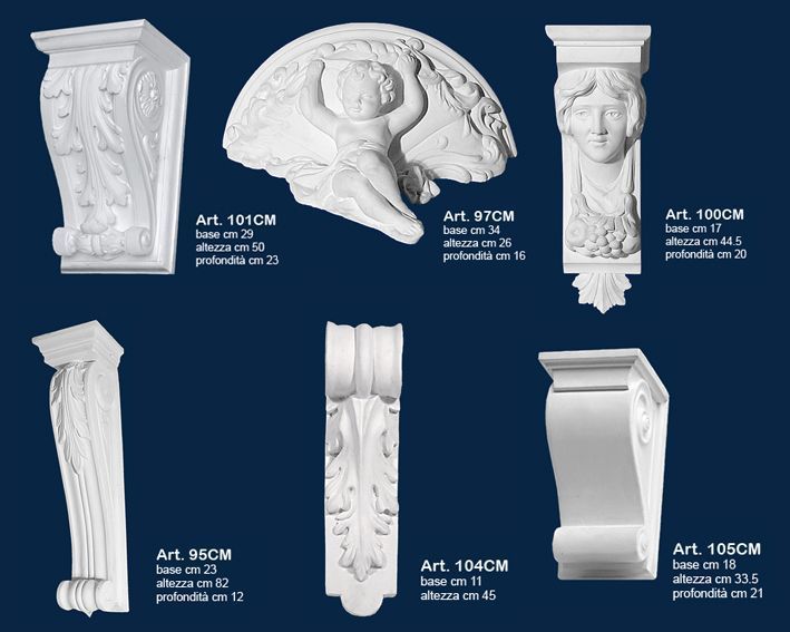 Collage di mensole e supporti bianchi intagliati e decorati su sfondo scuro, con indicazioni delle dimensioni.