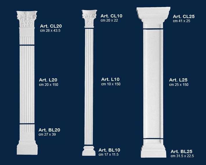 Colonne decorative alte e bianche su sfondo blu, presentate in diverse dimensioni e stili con relative etichette.