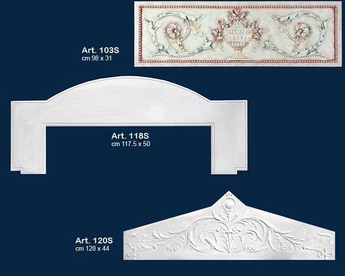 Catalogo di tre cornici decorative bianche per mensole di camino su sfondo blu.