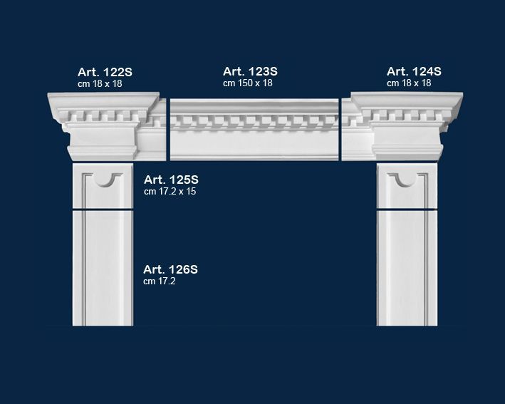 Schema dei componenti del caminetto decorativo bianco su sfondo blu con le misure indicate.