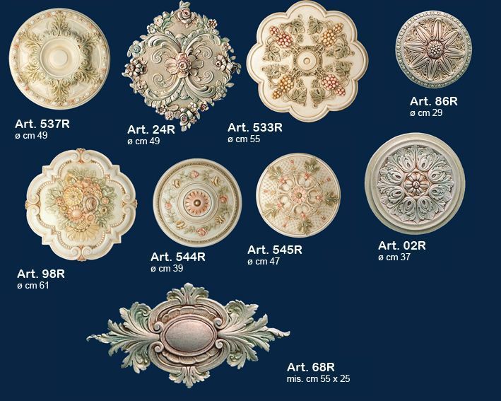 Medaglioni ornamentali decorativi color oro e crema e rosette floreali su sfondo blu scuro, con etichette artistiche.