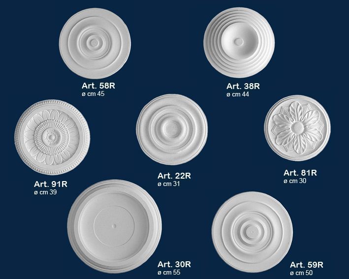 Catalogo di sette medaglioni decorativi circolari bianchi per soffitto su sfondo blu scuro, contrassegnati da numeri d'opera.