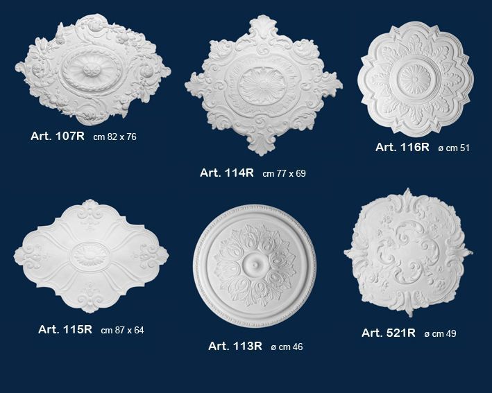 Sei medaglioni da soffitto bianchi e decorati, esposti su uno sfondo blu scuro e contrassegnati da numeri identificativi.