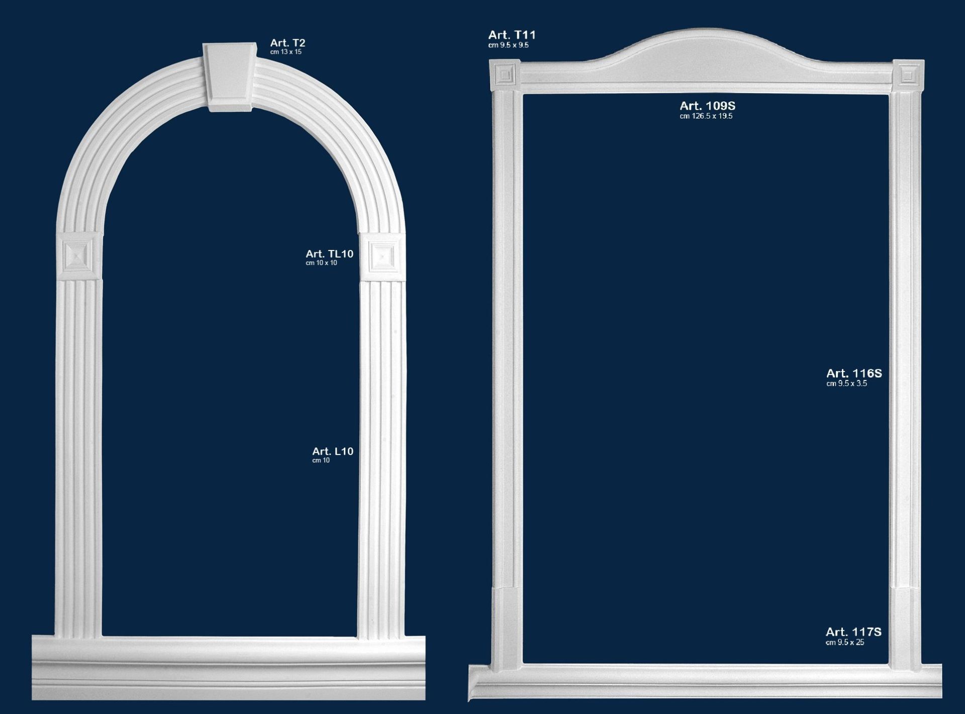 Due modelli di cornici per finestre ad arco bianche su sfondo blu, con le misure indicate.