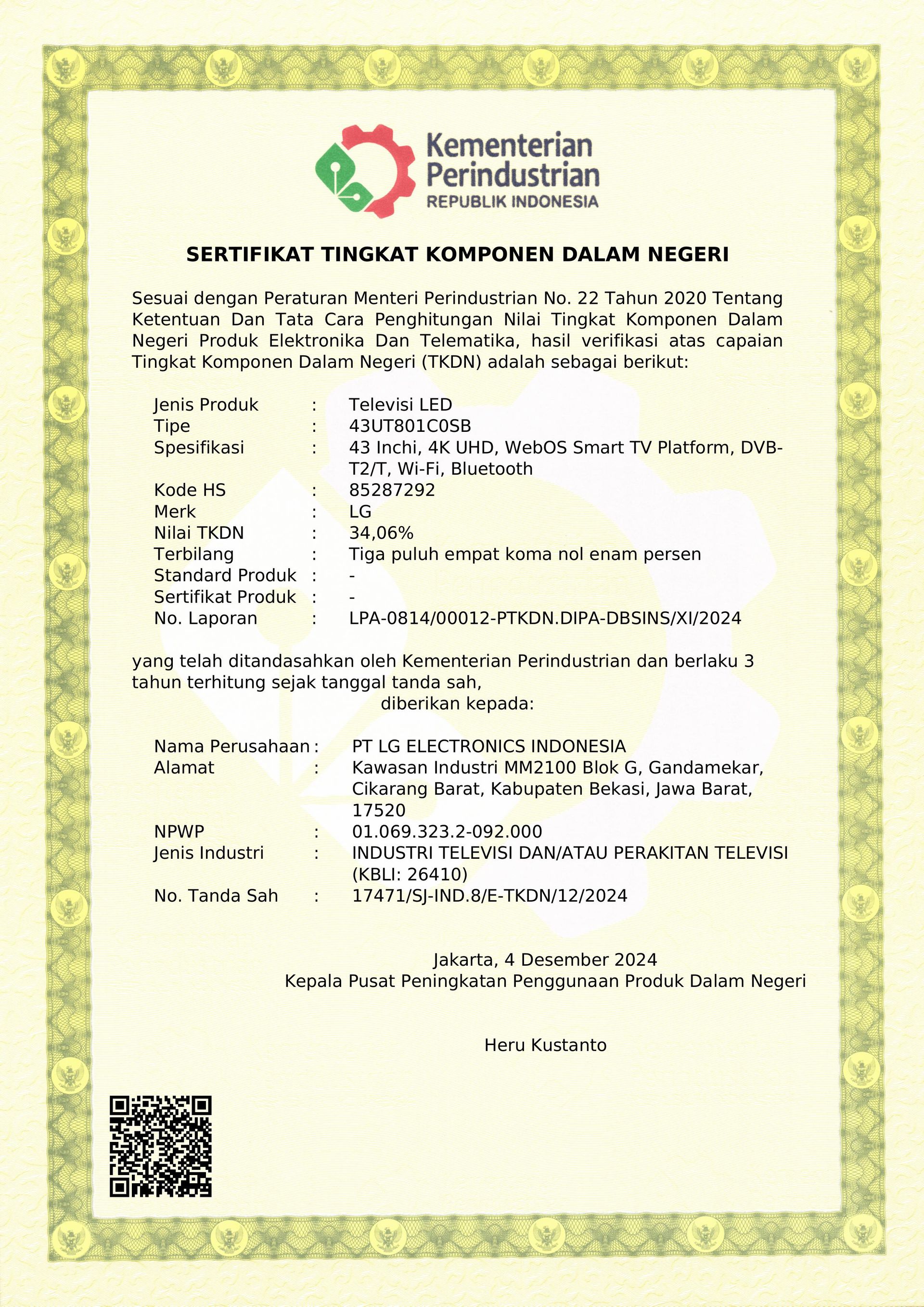 Sertifikat TKDN TV Samsung