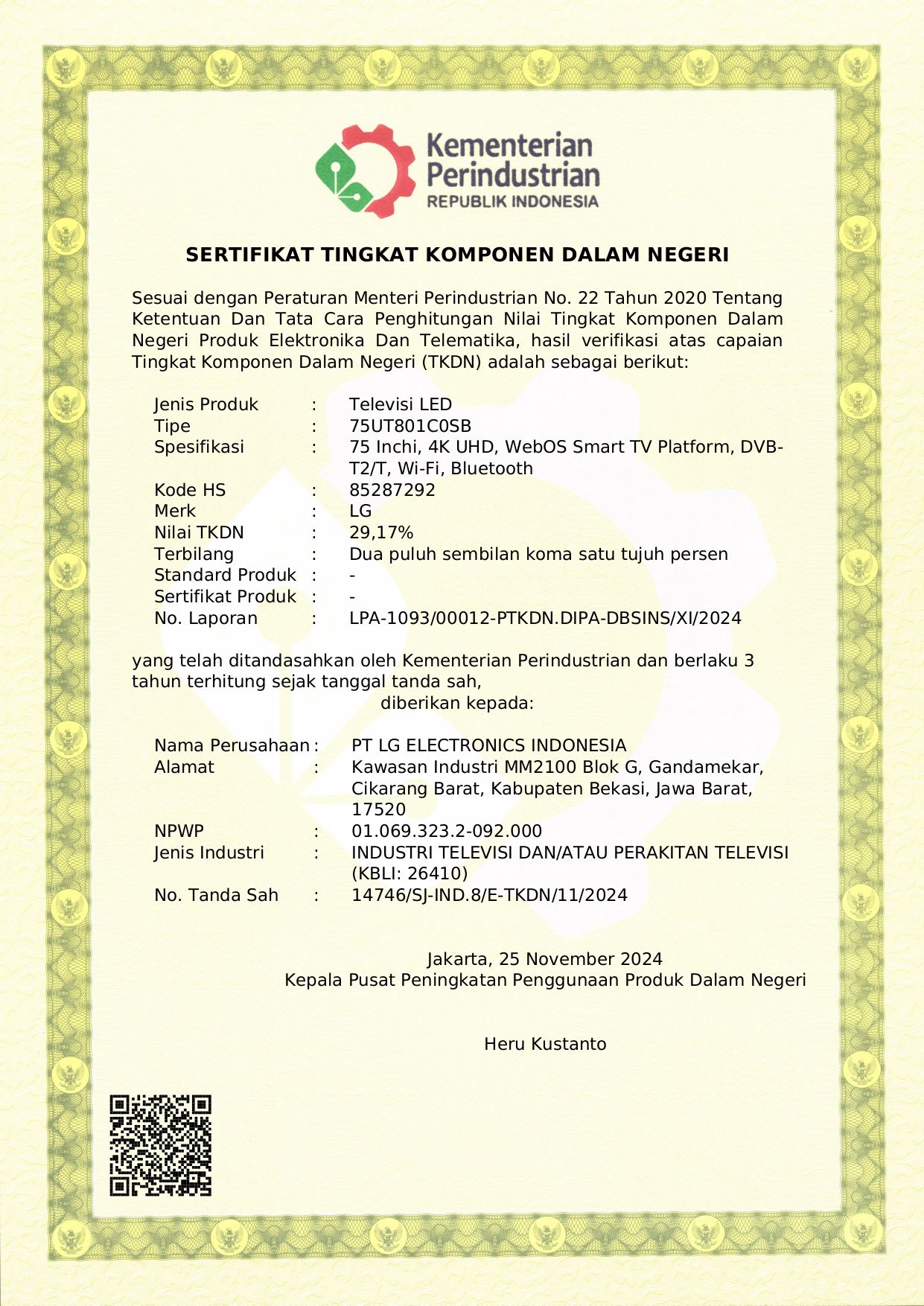 Sertifikat TKDN TV Samsung