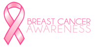 Pink breast cancer awareness ribbon and text on a white background.