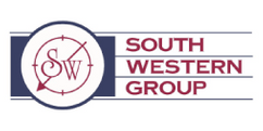 Logo of South Western Group: burgundy text and circular emblem on a blue background.