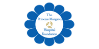 Logo for The Princess Margaret Hospital Foundation: blue flower shape with text and a golden symbol.