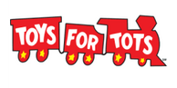 Toys for Tots logo: red train cars with white text.