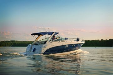 Boat cruising on water, blue hull, white accents, under a blue canopy, with trees in the background.