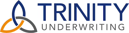 Logo for Trinity Underwriting: a three-part symbol in blue, grey, and gold, beside the company name in blue.