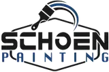 Logo for Schoen Painting: a black paintbrush arching over a black and blue hexagon containing the text