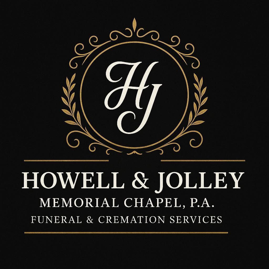 Logo for Howell & Jolley Memorial Chapel with intertwined "HJ" in a gold circle, gold laurel leaves and text: "Funeral & Cremation Services".