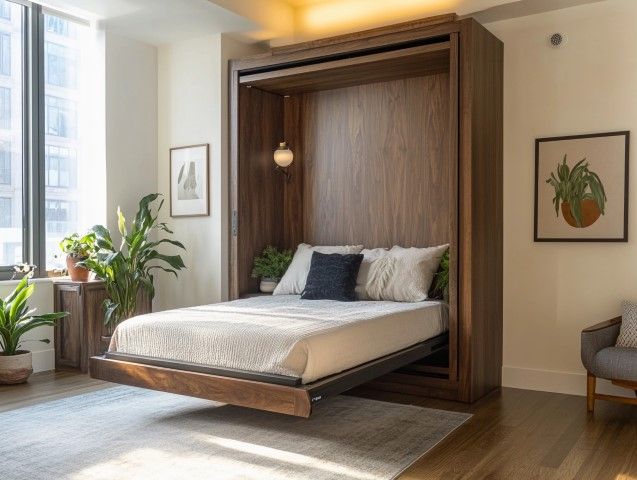 Modern bedroom with a wall-mounted wooden bed, soft bedding, plants, and framed wall art