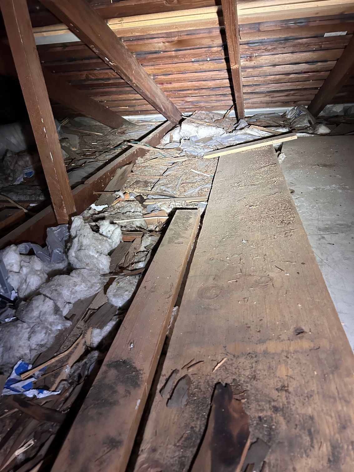 Crawlspace with exposed wooden beams, insulation, and a damaged floorboard leading toward debris.